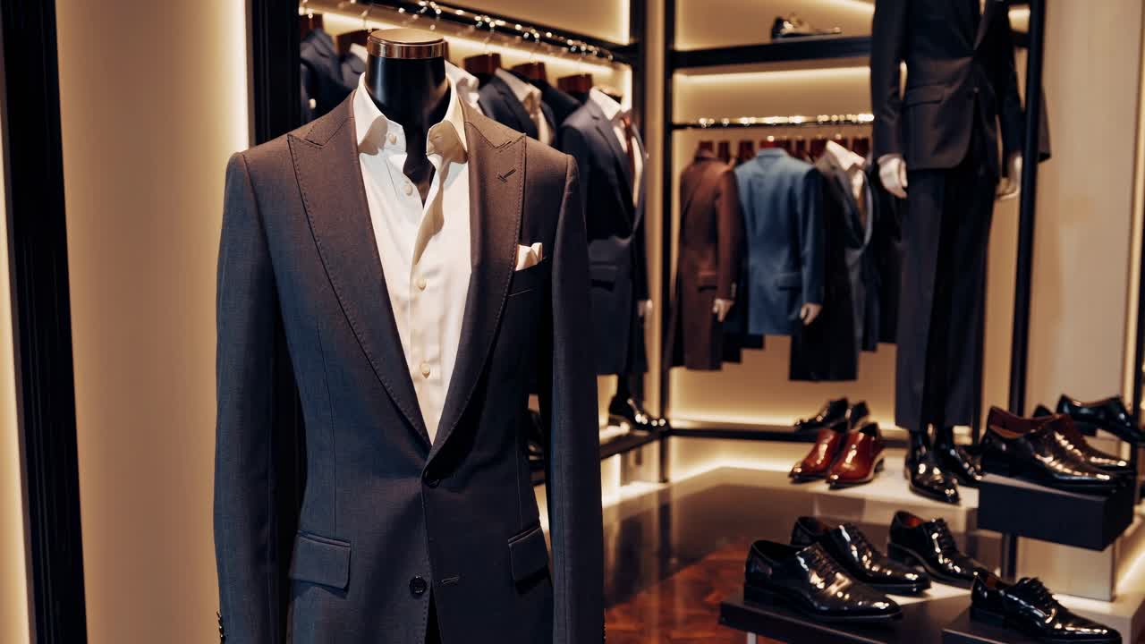 Wide-angle shot of a luxury suit store, showcasing elegant suits and polished shoes