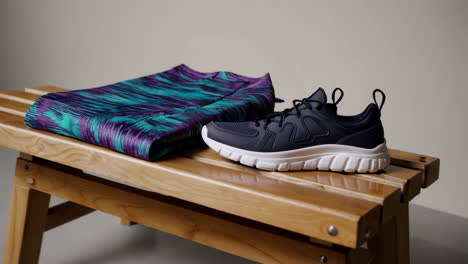 stylish activewear and sneakers on wooden bench