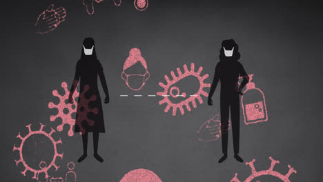 silhouette of two woman wearing face mask against coronavirus concept icons