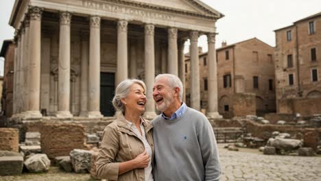 a joyful senior couple enjoys their time together in front of an iconic classical building, reflecting love and happiness amidst historic ruins