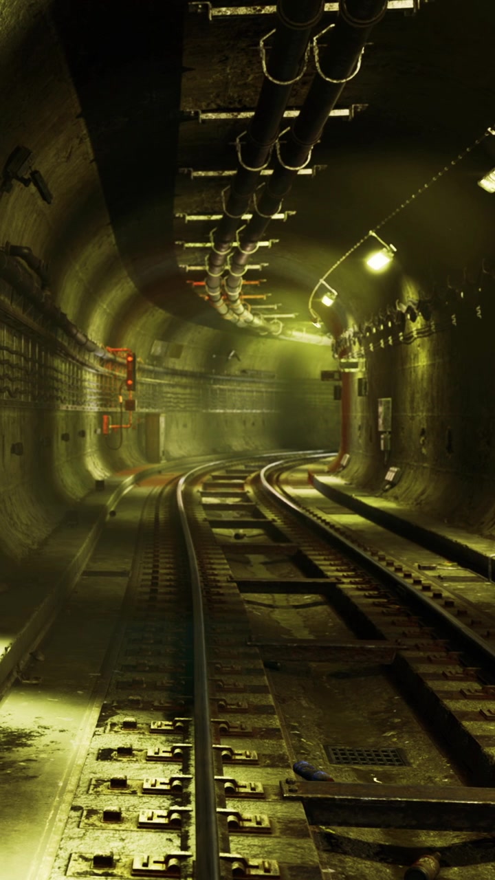 Tunnel sotterraneo con binari del treno e illuminazione fioca in un sistema metropolitano