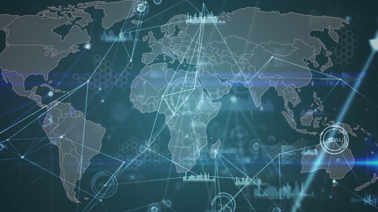 Animation of network of connections and world map on black background