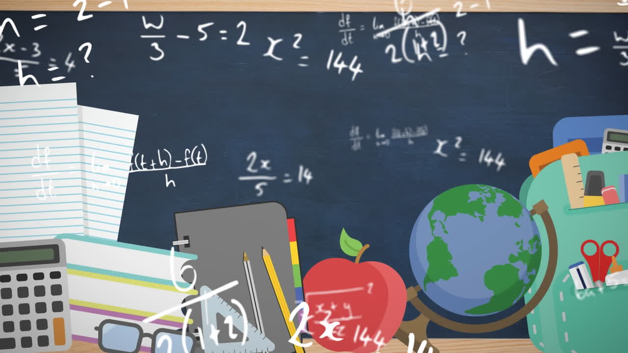 Animasi perlengkapan sekolah di atas gambar matematika di papan tulis.
