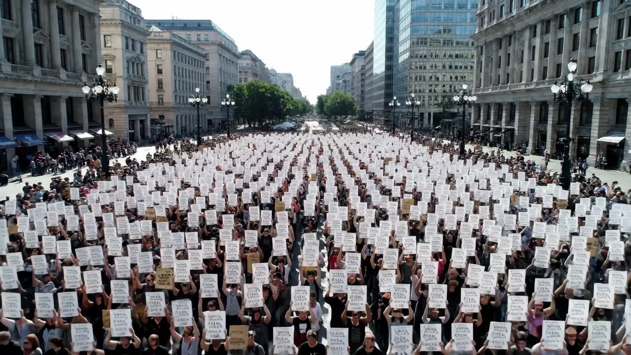 Large Protest with Signs in City Street