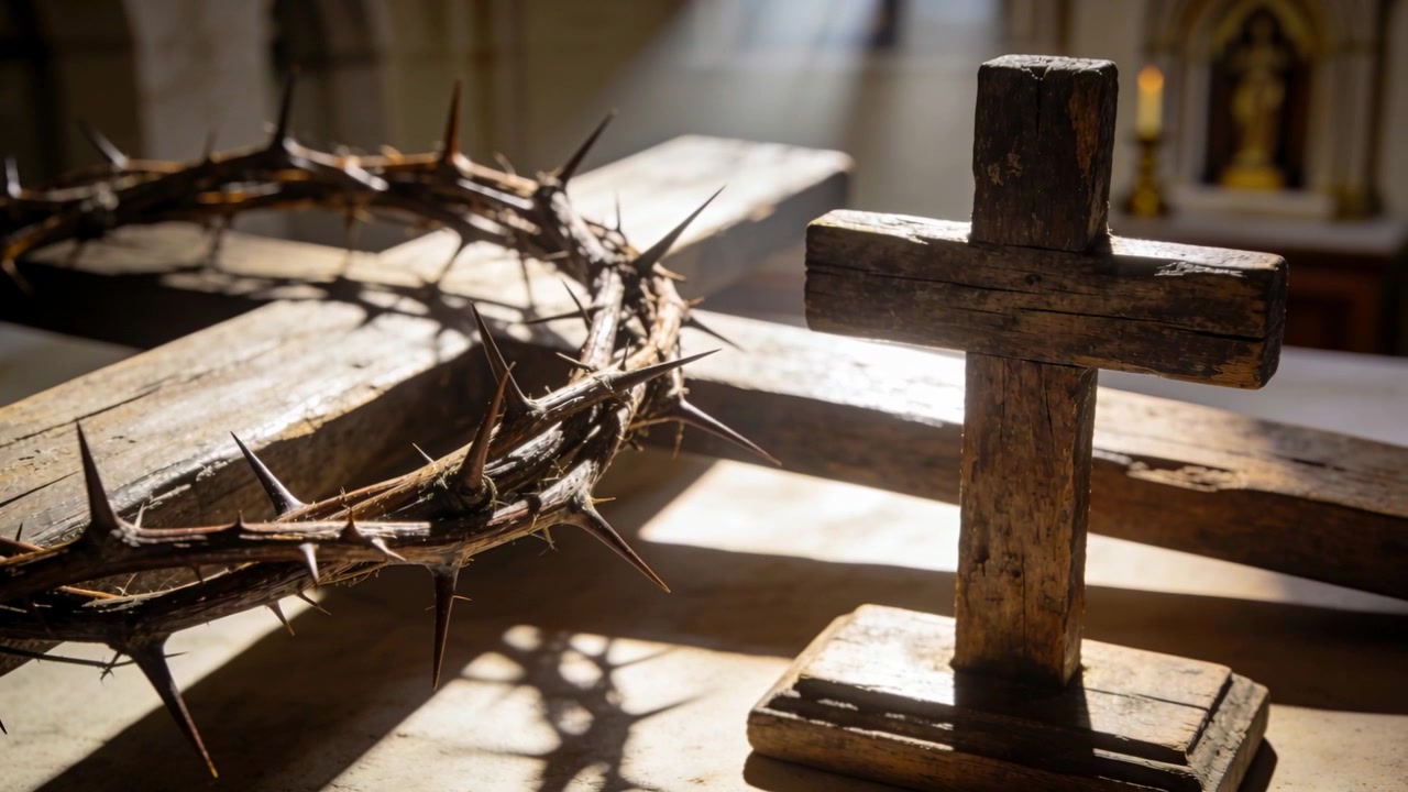 Light shifting bathing crown of thorns and cross on altar, camera pushing closer enhancing texture