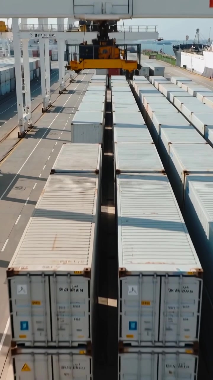 Vertical video: Pulling back showing crane lowering spreader over container aisle, preparing lift