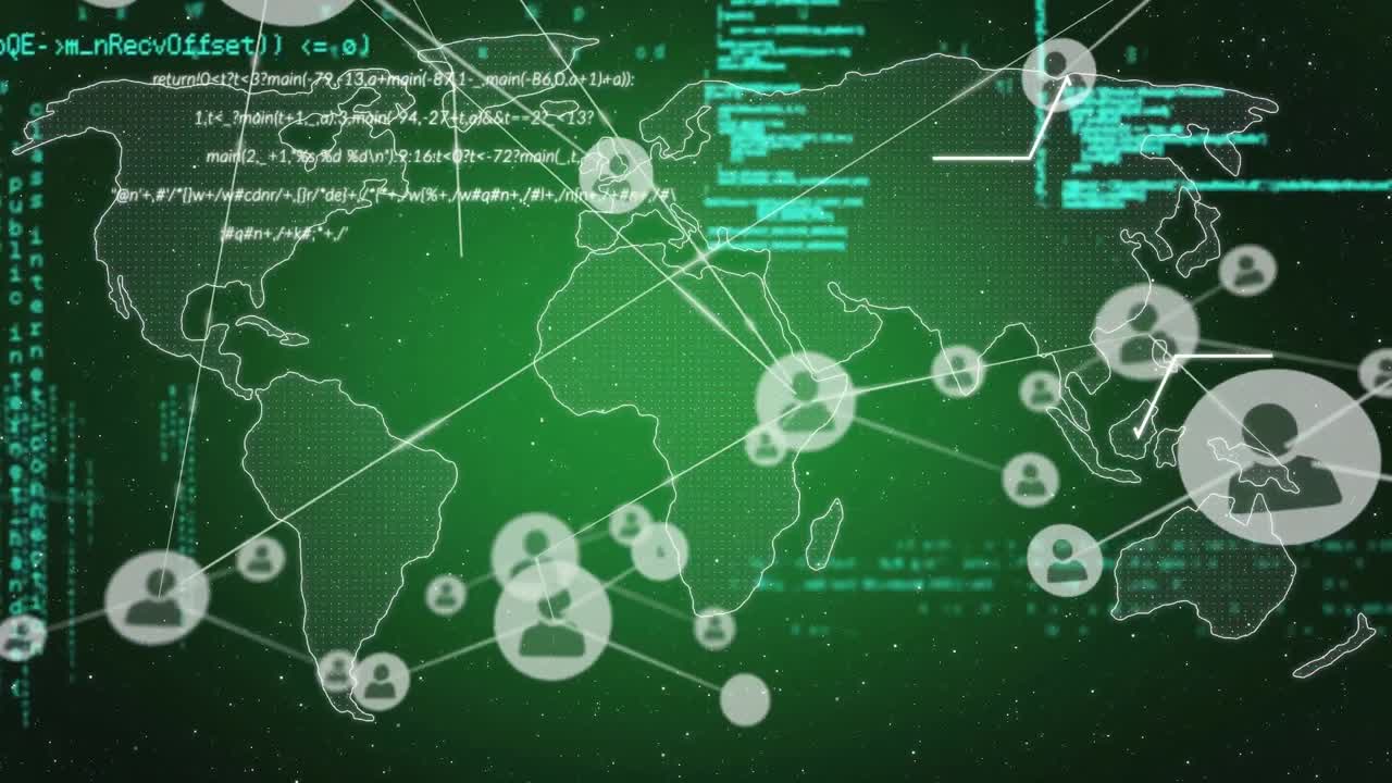 Animation of icons in hexagons over connected dots, globe with lens flare and abstract pattern