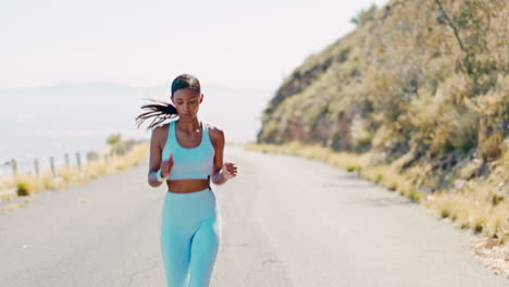 fitness, endurance and woman running in a road