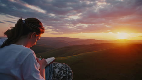 woman reading or writing in a book outdoors at sunset