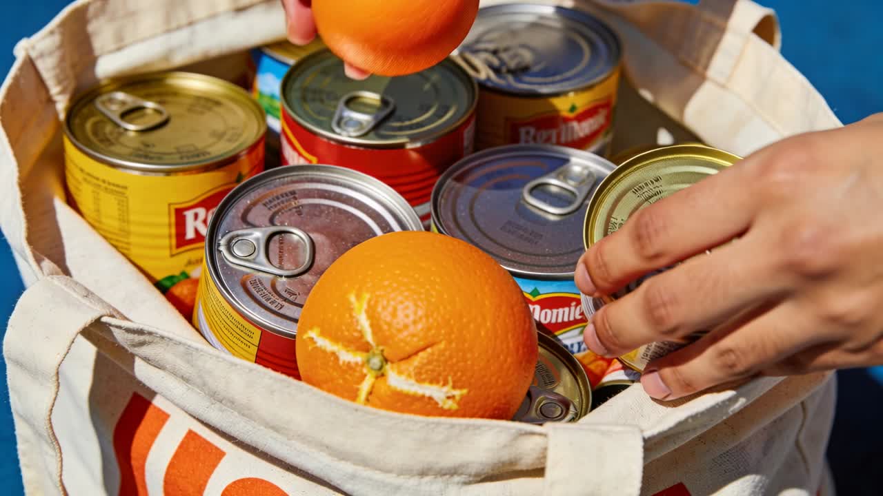 Main tendue plaçant et ajustant deux oranges parmi des boîtes de conserve dans un cabas en toile sur une surface bleue.