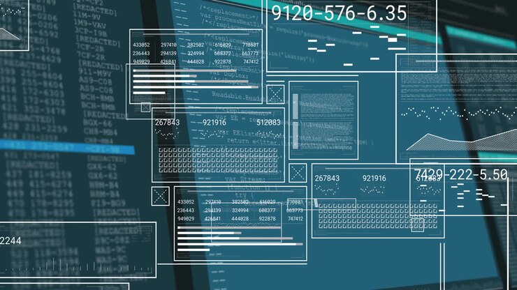 Animation of digital data and coding interface with numbers on blue background
