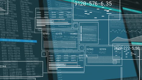 animation of digital data and coding interface with numbers on blue background