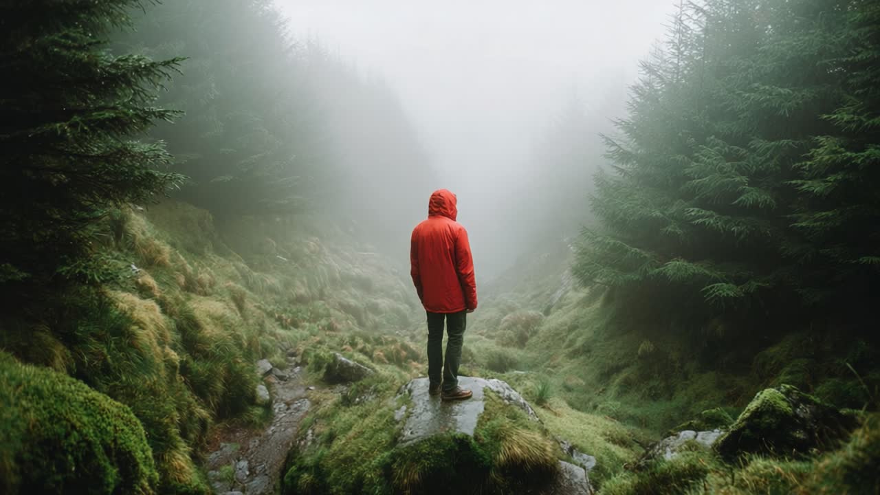 A Solitary Figure in a Red Jacket Standing on a Mossy Rock Amidst a Mysterious Foggy Forest Landscape Captured in Two Frames