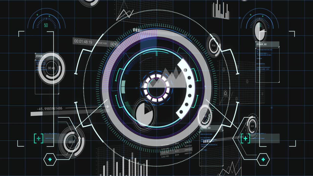 Futuristic HUD interface with circular elements and data visualization animation