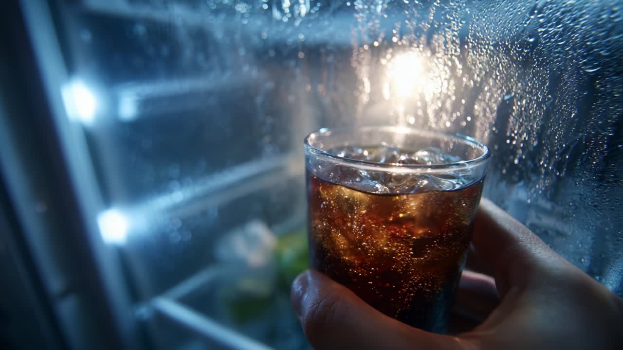 A Refreshing Glass of Carbonated Beverage Glimmering with Ice Cubes in Front of a Condensation-Covered Refrigerator Glass, Capturing the Essence of Cool Refreshment and Thirst-Quenching Satisfaction