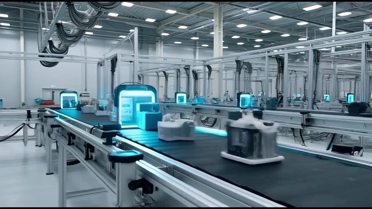Automated Production Line with Products Moving on a Conveyor Belt in a Modern Factory