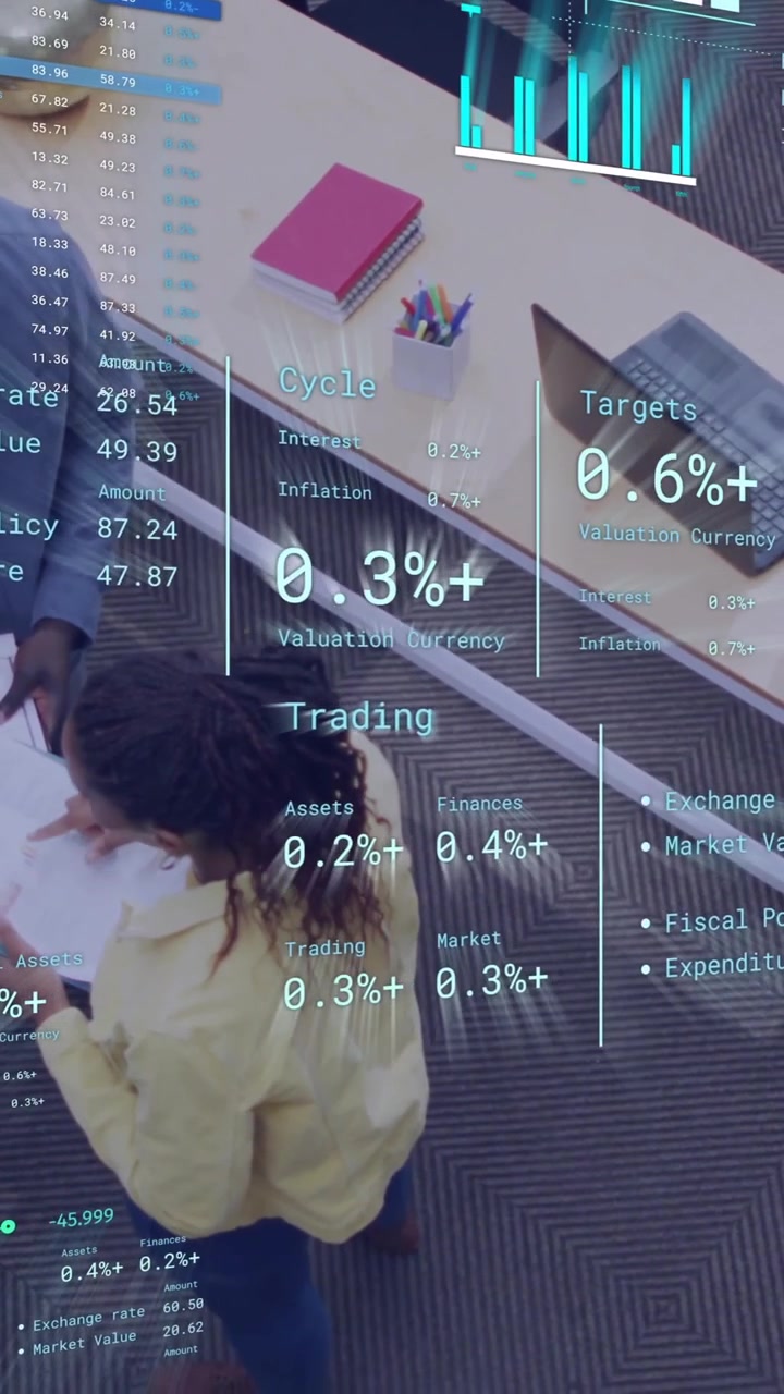 Animation of diagrams and data processing over diverse colleagues discussing work in office