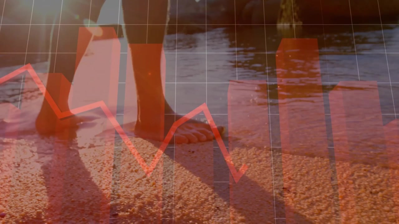 Man shifting weight on wet sand, animating overlay visualizing stance data with red line and bars