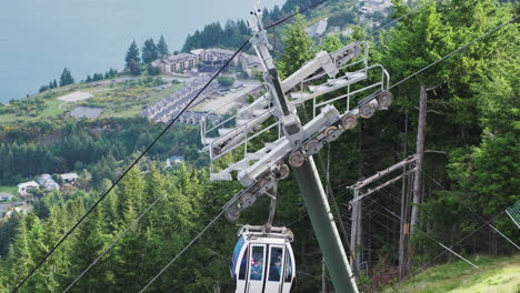 gondola cars travel along a cable up the side of a lush green mountain covered in pine trees