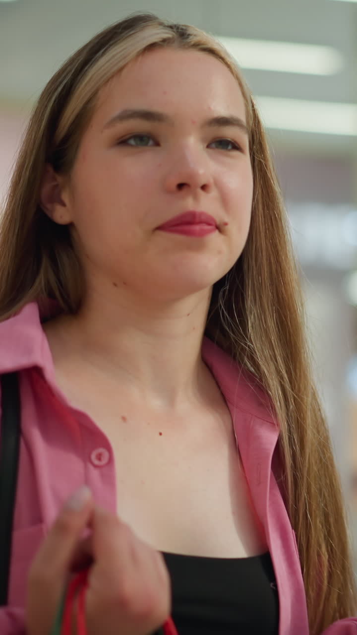 분홍색 드레스를 입은 아름다운 여인이 빨간색과 민트 녹색 쇼핑 가방을 들어올리며, 밝은 빛으로 조명된 쇼핑몰을 는 동안 얼굴에 따뜻한 미소를 지으며 깊은 숨을 들이마시며, 배경은 흐릿합니다.