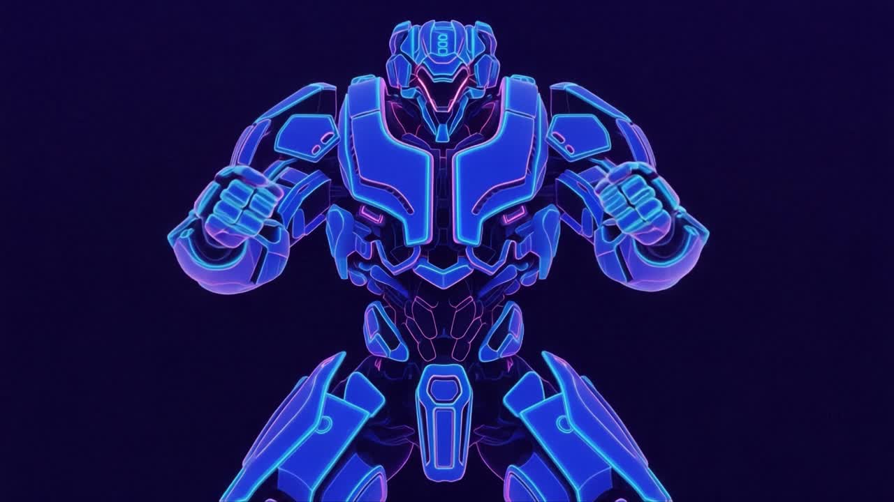Futuristic Robotic Warrior: A Stunningly Designed, High-Tech Mechanical Guardian Emitting Vibrant Neon Lights with an Imposing Stance and Intricate Features