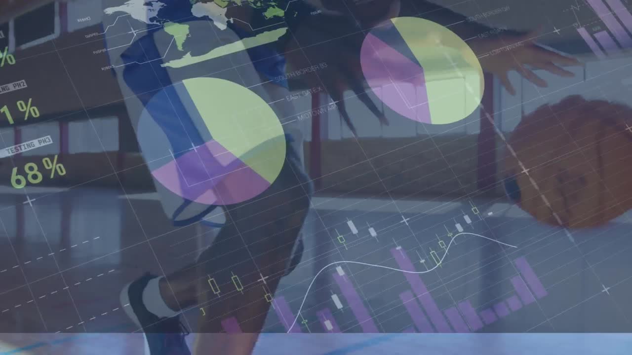 체육관에서 아프리카계 미국인 남성 농구 선수에 대한 금융 데이터 처리 애니메이션