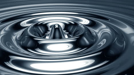 animation of abstract ripples in shiny malleable silver forming concentric rings around central droplets. infinite waving liquified substance reflects light of the interior environment. loopable. hd