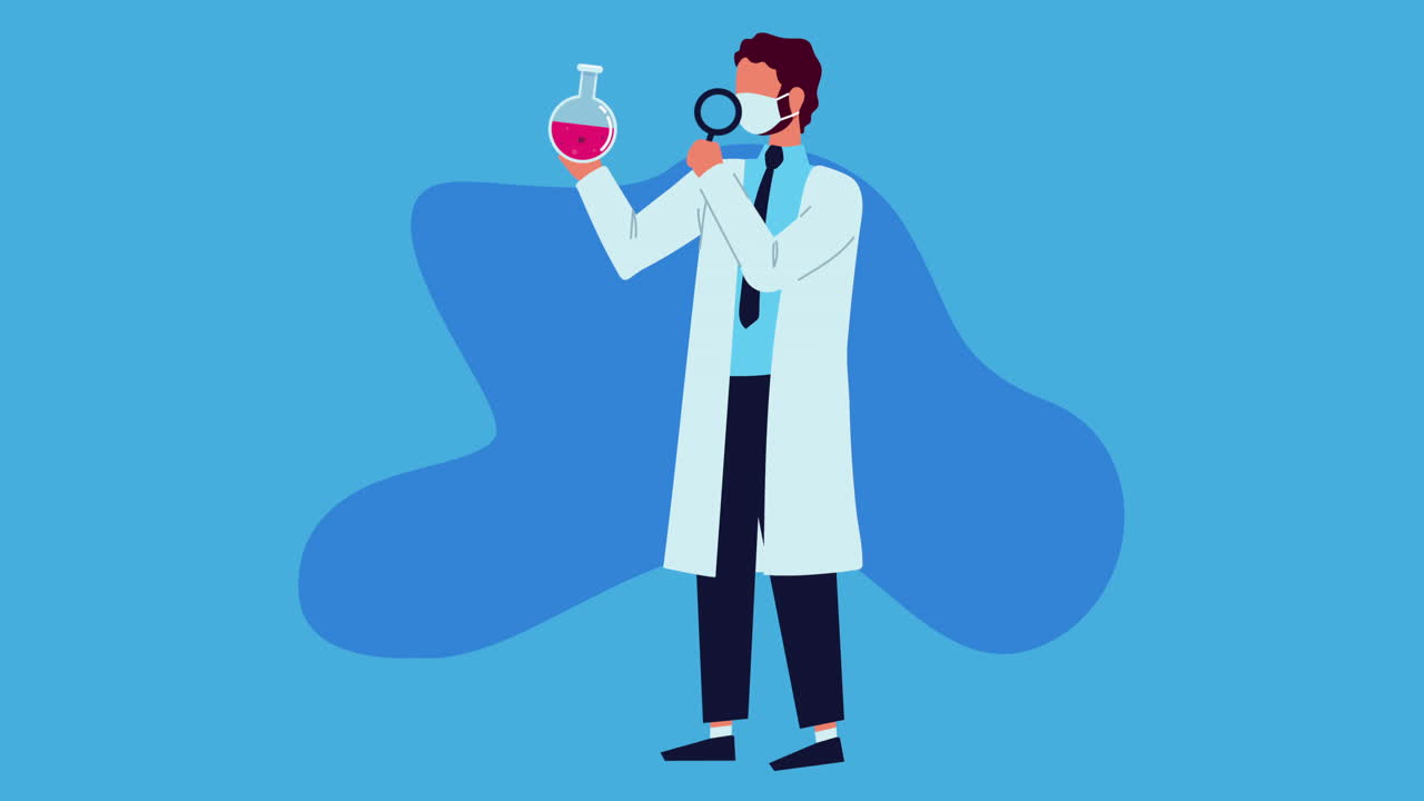 male scientist with magnifying glass and flask test