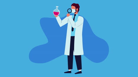 male scientist with magnifying glass and flask test