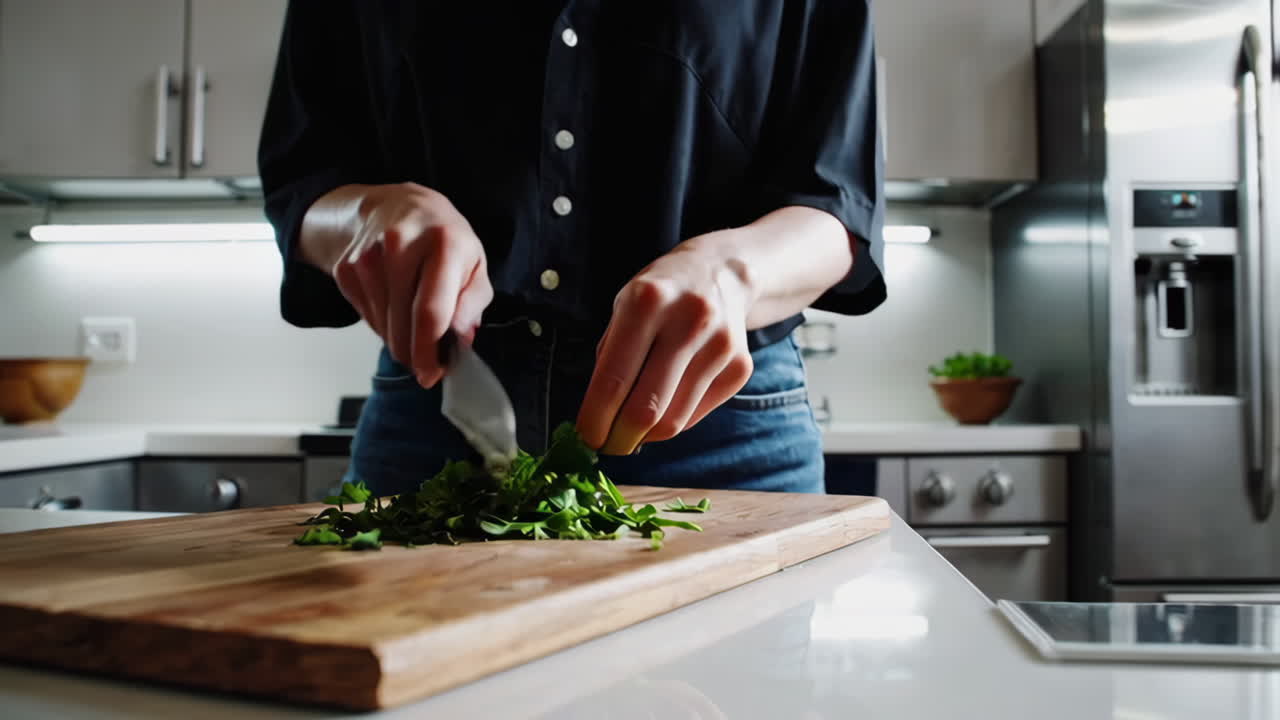 Woman Chopping Herbs in a Modern Kitchen
