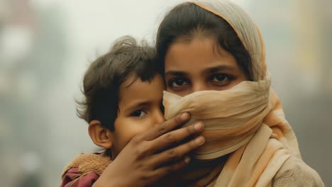 mother and child affected by air pollution