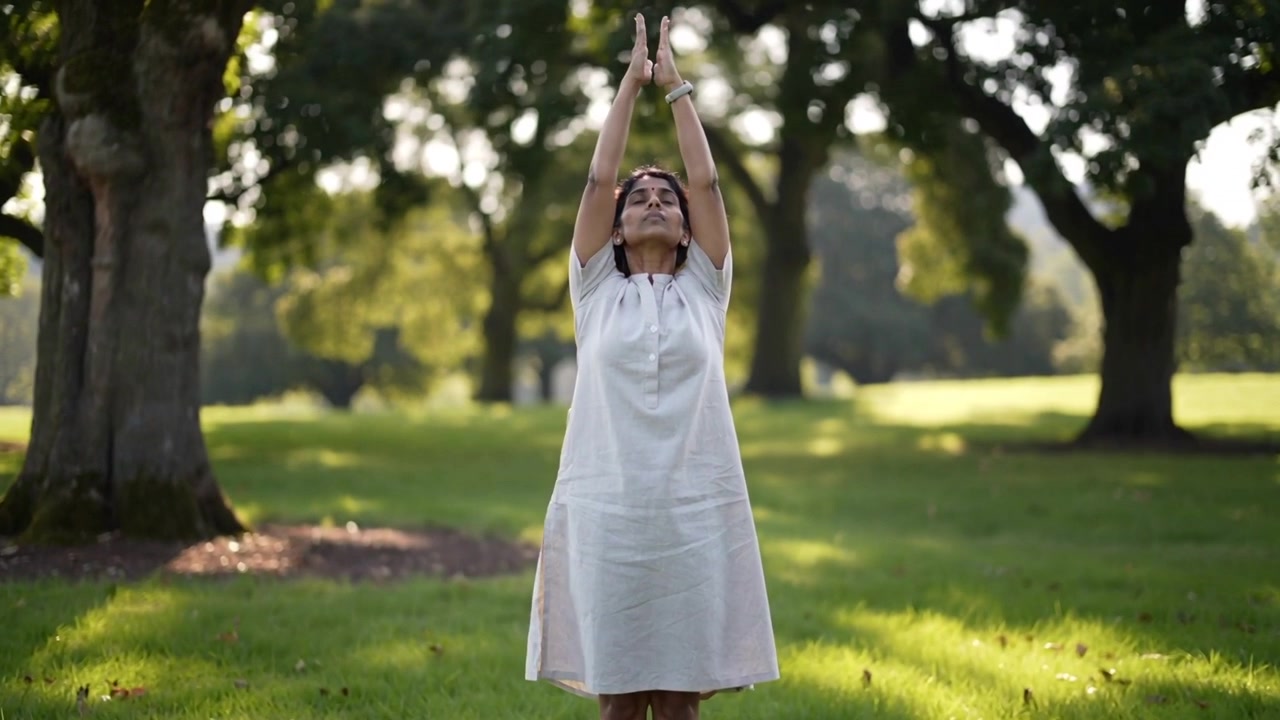 Luz do sol inspirando mulher indiana adulta erguendo os braços em gramado sob árvores, com vestido branco, pulseiras