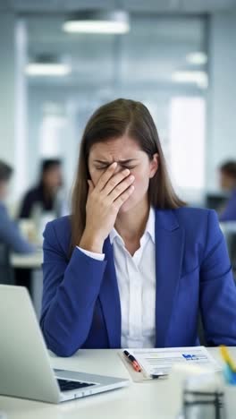 a businesswoman in a blue suit, sitting at his desk with a frustrated and exhausted expression.
