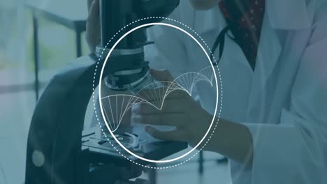 DNA-structure-on-circle-against-female-scientist-using-microscope-in-laboratory