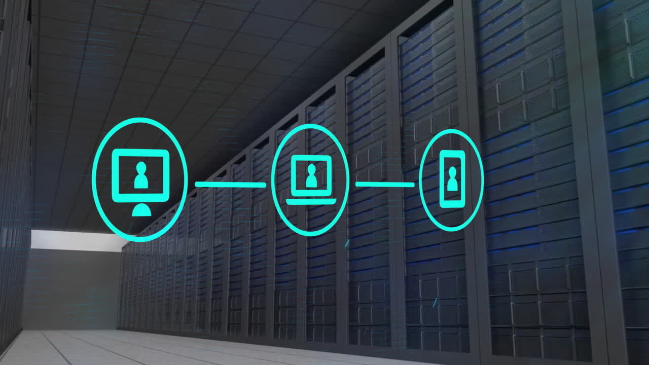 Animation of network of connections with icons over computer servers