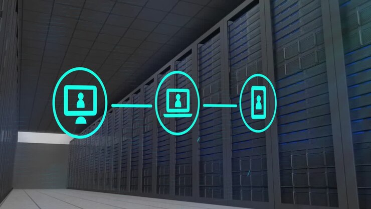 Animation of network of connections with icons over computer servers