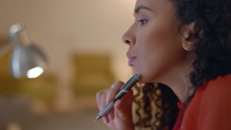 serious woman, pen and face thinking of business