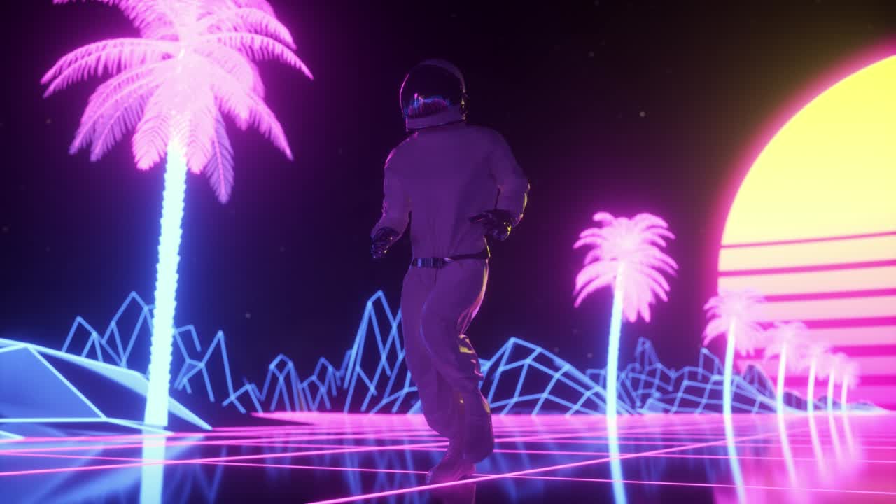 el astronauta corre rodeado de luces de neón intermitentes. retro 80s estilo de fondo de onda sintética