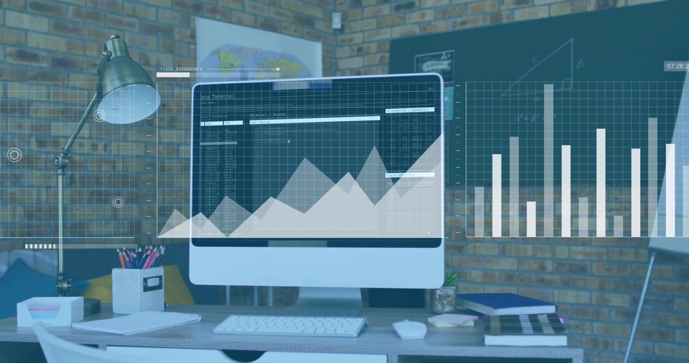 Animation of graphs, loading bars and map over programming language in computer on desk in office
