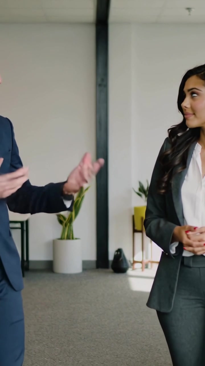 Vídeo vertical: Homem gesticulando conduzindo conversa de trabalho com mulher de terno, pausando no corredor perto de plantas, bolsa.