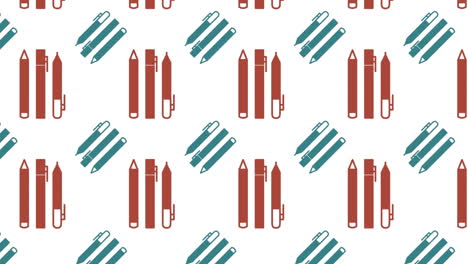 animación de filas de bolígrafos y materiales artísticos de pintura sobre un fondo blanco
