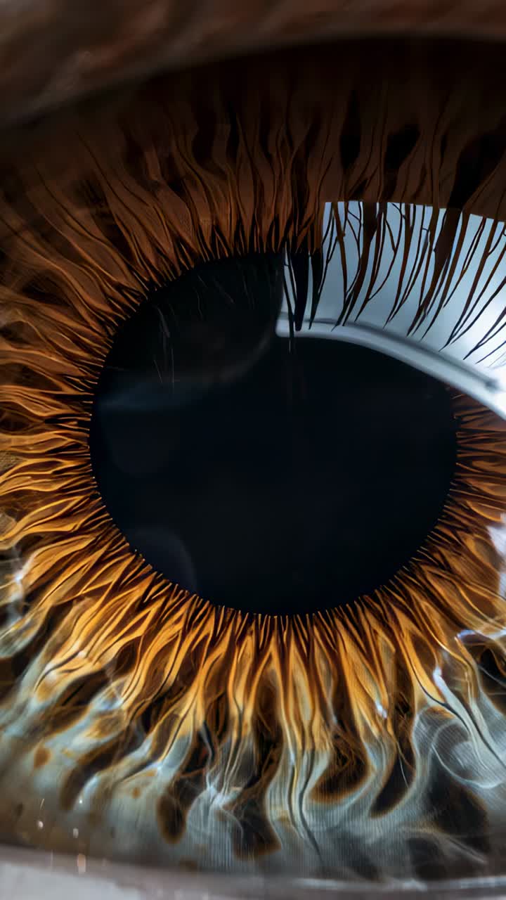 Vertical video: Lowering human eyelid shielding amber iris from bright rectangle light during macro