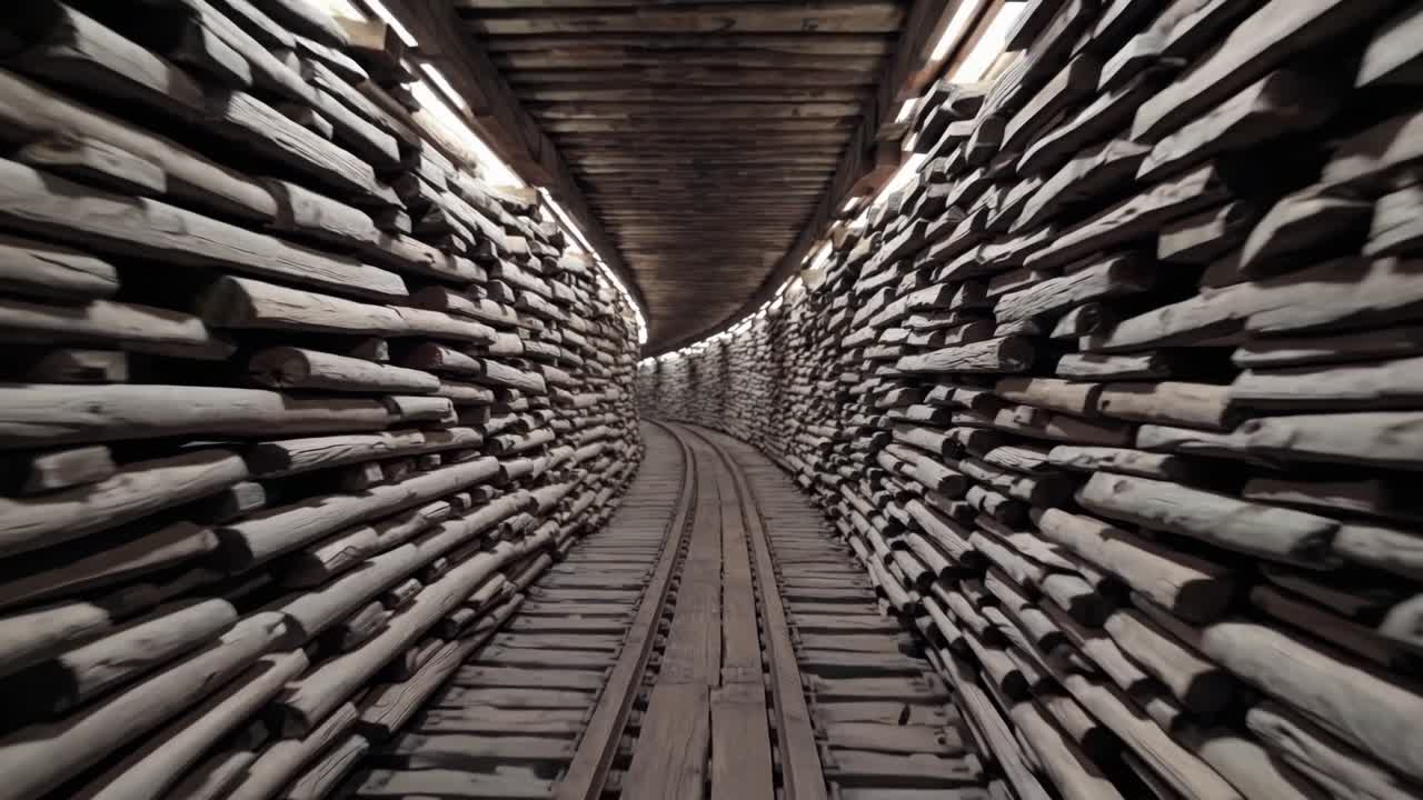 Wooden tunnel with curved walls and illuminated ceiling, showcasing a continuous path of wooden beams and tracks, creating an immersive journey through the rustic environment