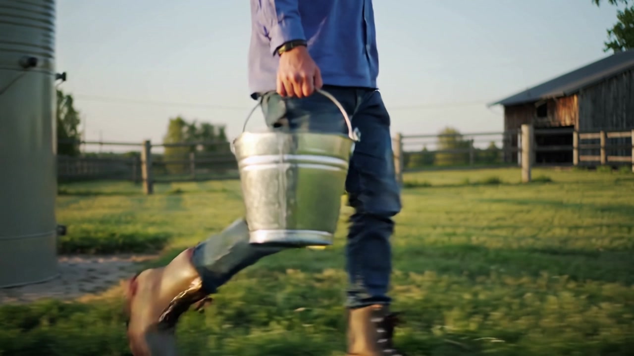 Walking farmer in blue shirt bringing grain to barn, passing silos with metal bucket swinging