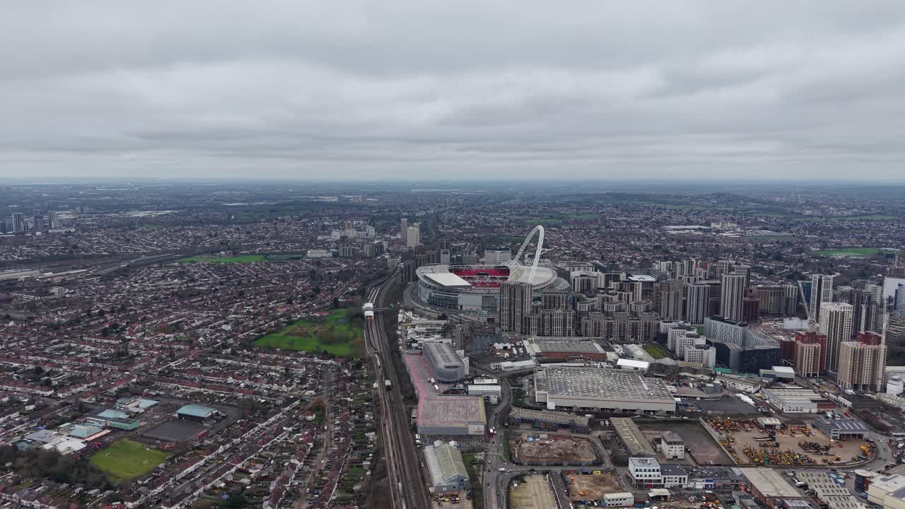 Wembley Stadium And Surrounding City Skyline At Sunset In Wembley, London, UK. aerial shot