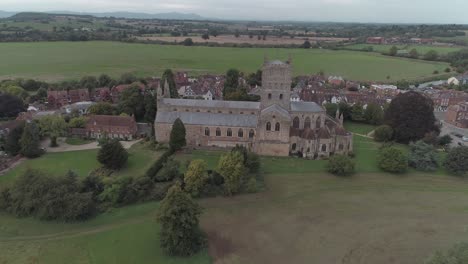 aerial orbital of st. mary the virgin abbey in tewkesbury.
