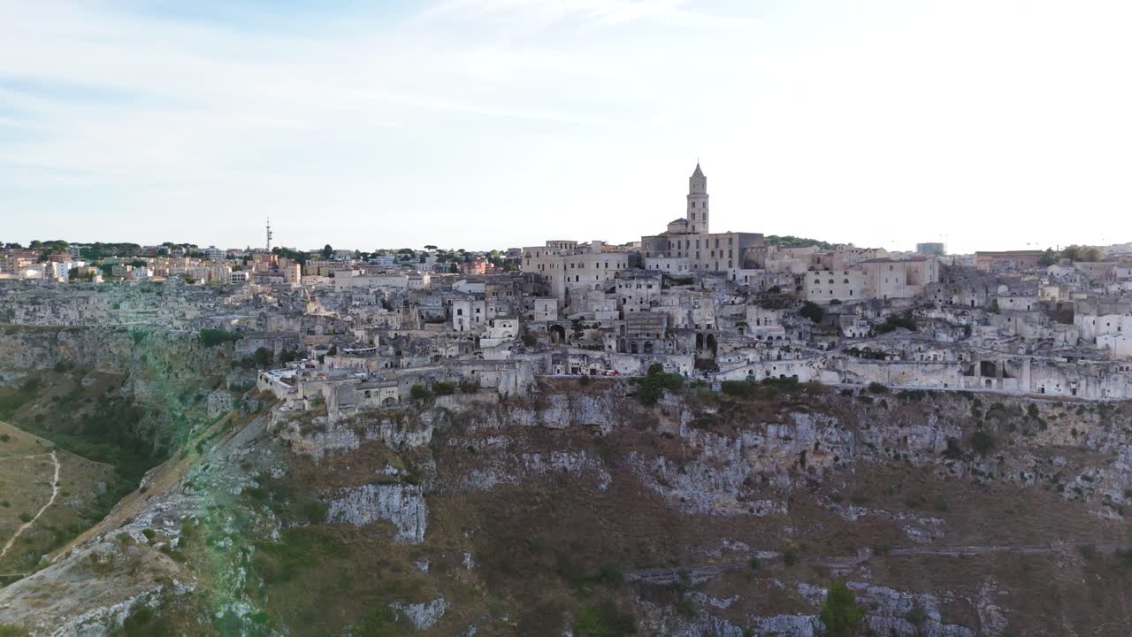 UNESCO Heritage Site of Matera city in Italy, aerial orbit view