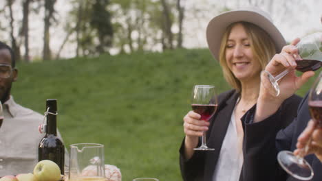 felices amigos multirraciales brindando con vino tinto mientras se sientan a la mesa durante una fiesta al aire libre en el parque