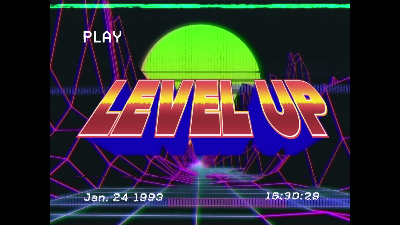 빛나는 배경 위에 레벨 업 텍스트와 디지털 인터페이스를 가진 화면의 애니메이션