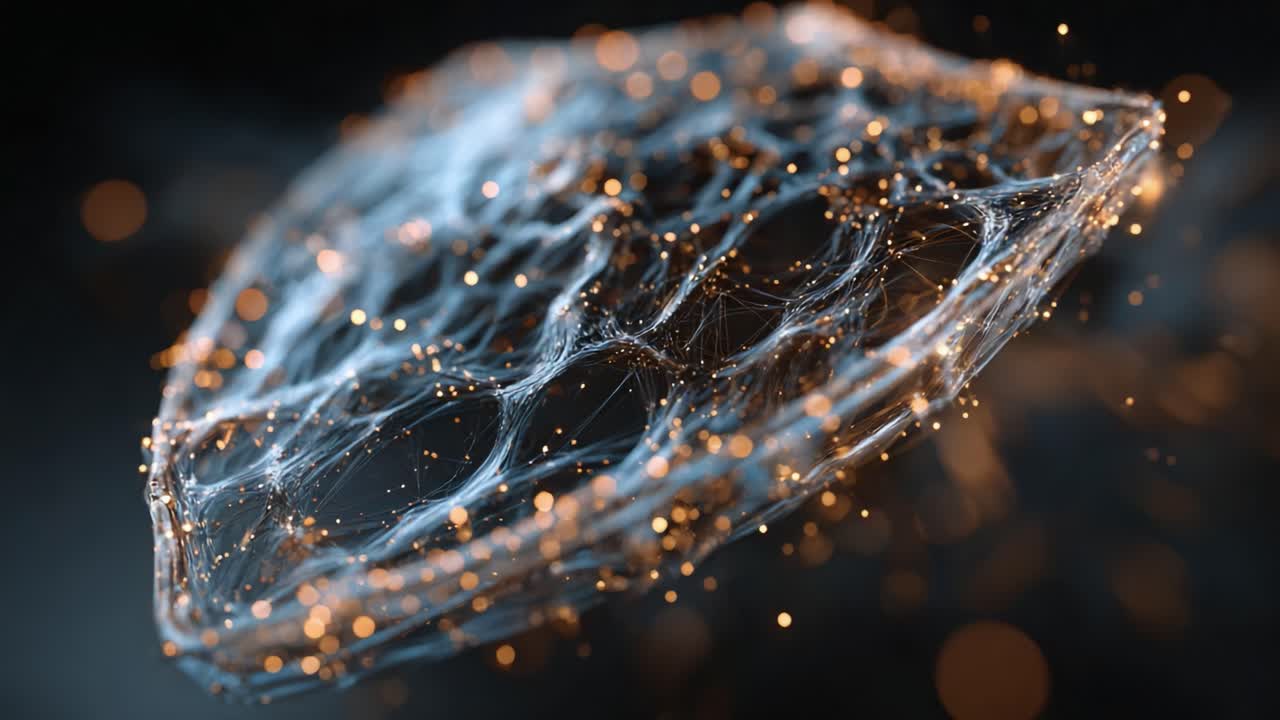 A mesmerizing visual of a translucent shield-like structure, composed of intricate lines and glowing particles, captures the essence of digital landscapes and abstract art